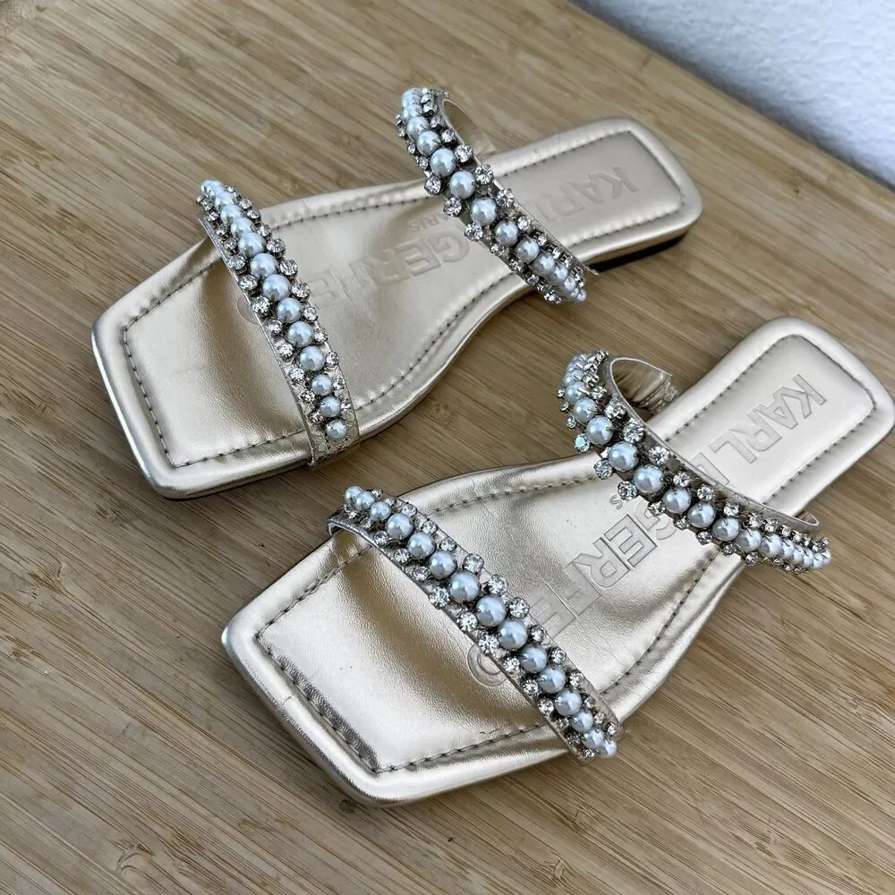 Karl Lagerfeld Paris Sandals Size 6.5M Rhinestone Payzlee Slip On Slide Shoes